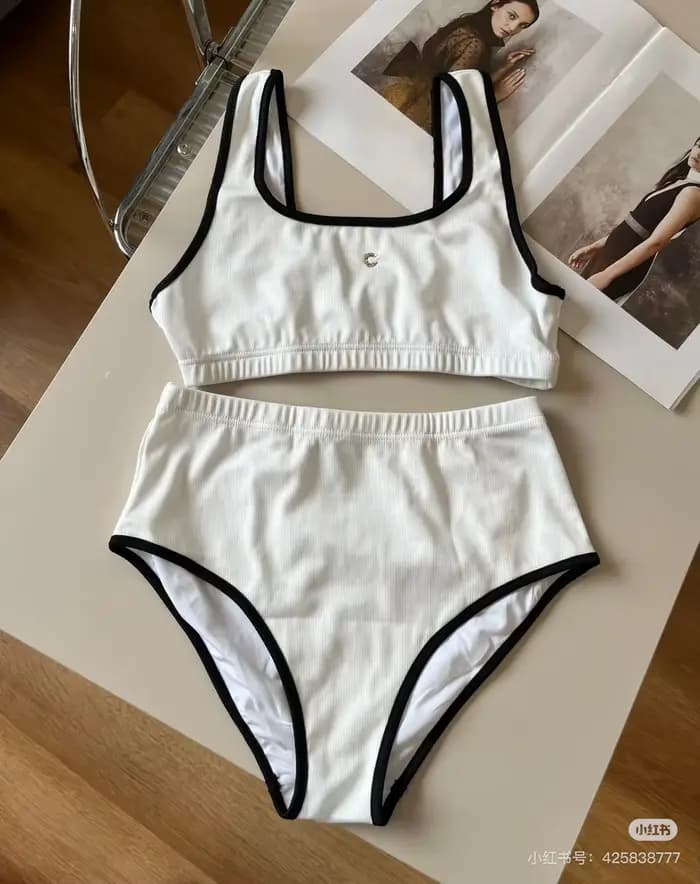 Maillot de bain bikini femme color block à bretelles, noir et blanc, été