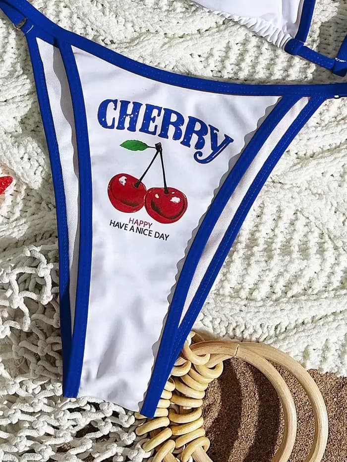 Maillot de bain trois pièces sexy et frais à imprimé cerises, style halter, bleu foncé, collection 2026