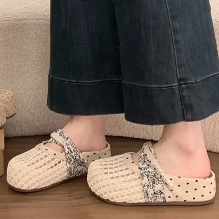 Mules Mary Jane en maille respirante pour femmes, sandales à pois français avec perles, confortables pour pieds larges, semelle souple, pantoufles à bout fermé