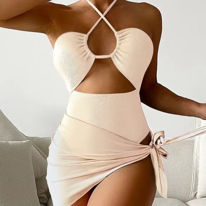 Cikini-Maillot de bain licou découpé pour femme avec jupe de plage