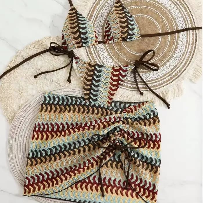Bikini imprimé avec jupe licou maillot de bain à bretelles femmes maillots