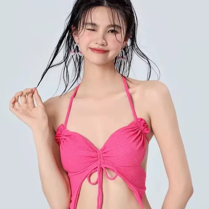 Vacances plage Ins Rose rouge Bikini trois pièces maillot de bain femme petite poitrine Internet célèbre