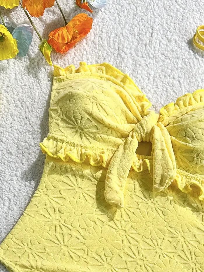 Vintage Front Bow One Pice maillot de bain 2026 femmes Sexy jaune volants Push Up Slim Fit ventre contrôle maillots