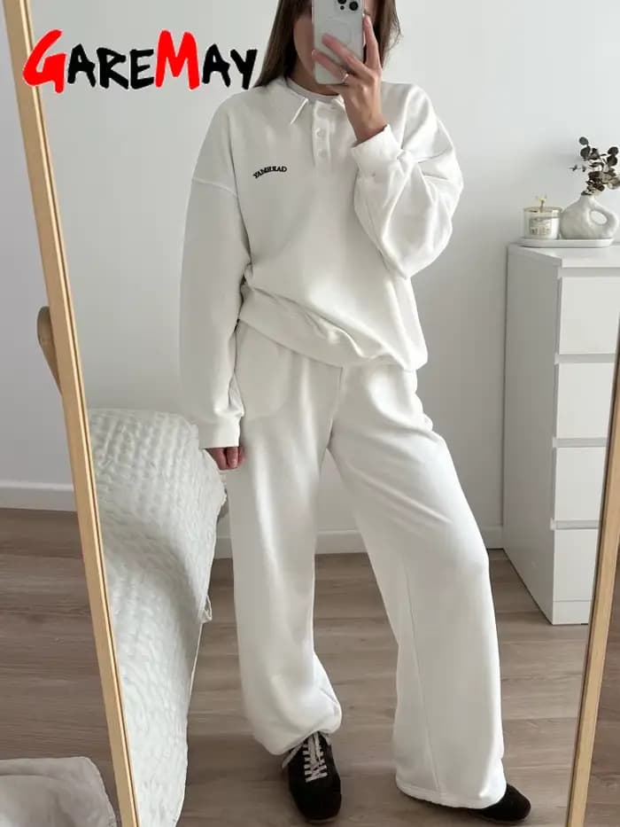 Ensemble de survêtement printanier pour femme avec pantalon large, blanc, oversize, deux pièces, classique, pour femme 2026