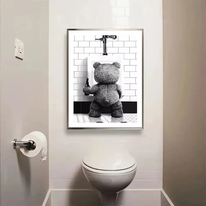 Affiche décorative murale en toile imprimée, motif ours mignon noir et blanc, pour salle de bain, décoration moderne et tendance pour chambre, maison et toilettes