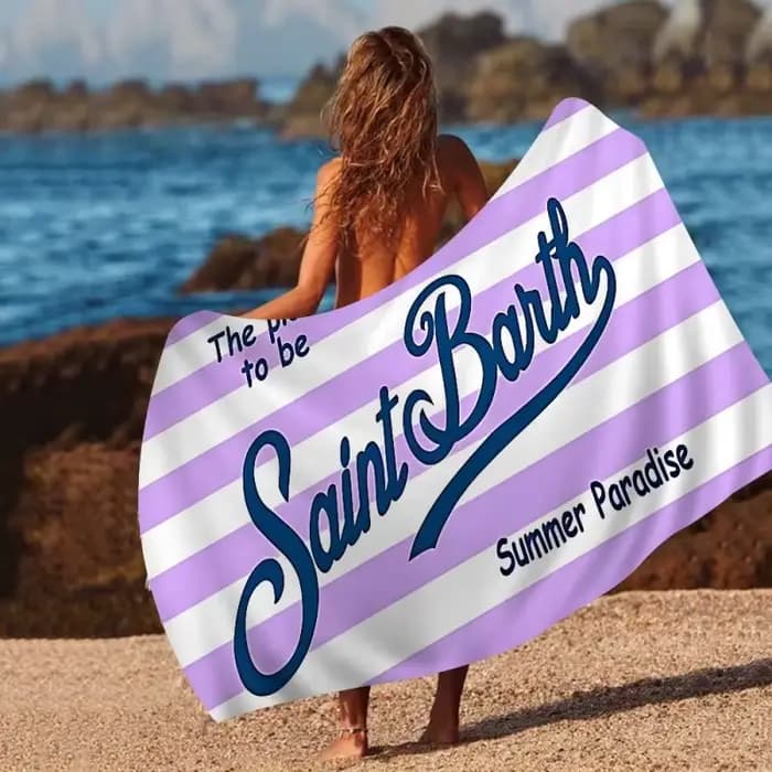 Serviette de plage Saint Barth rayée bleue et blanche