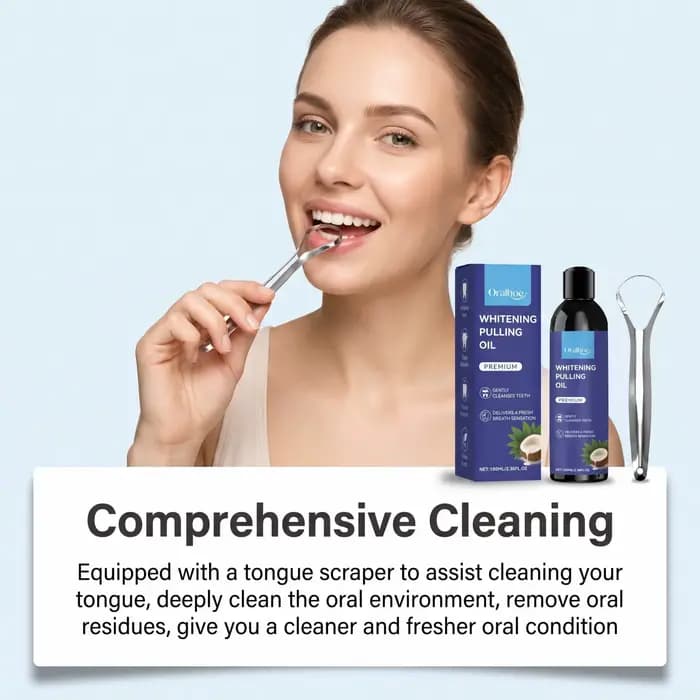 Bain de bouche à l'huile de coco Oralloe pour un nettoyage en profondeur des dents et des gencives, haleine fraîche, avec gratte-langue