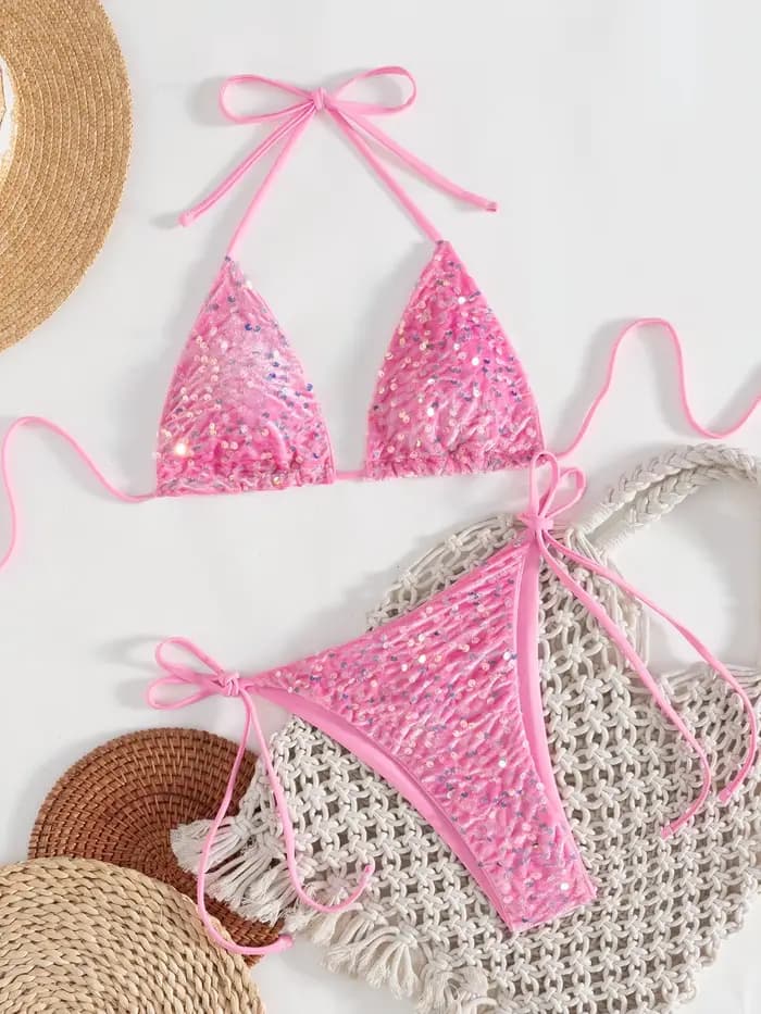Maillot de bain sexy pour femme, ensemble bikini scintillant, maillot de bain féminin uni, tenue de plage, maillot de bain dos nu, trikini, dropshipping