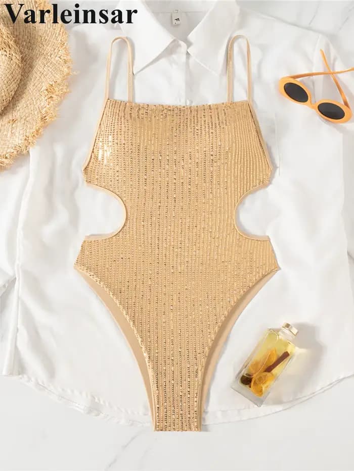 Nouveau Maillot de Bain Une Pièce Femme à Paillettes Brillantes