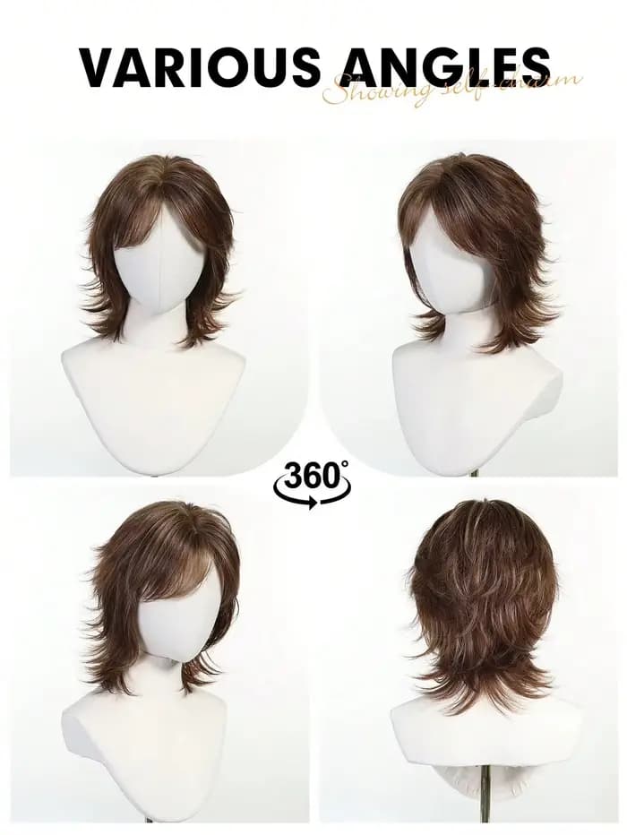 Perruque mulet courte de 12 pouces avec frange, cheveux raides synthétiques, style femme, perruque cheveux courts bruns, adaptée à l'utilisation quotidienne de cosplay de fête