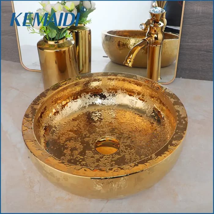 EllMAIDI-Évier de Luxe en Céramique Dorée, en Porcelaine, au-dessus du Comptoir, pour Salle de Bain