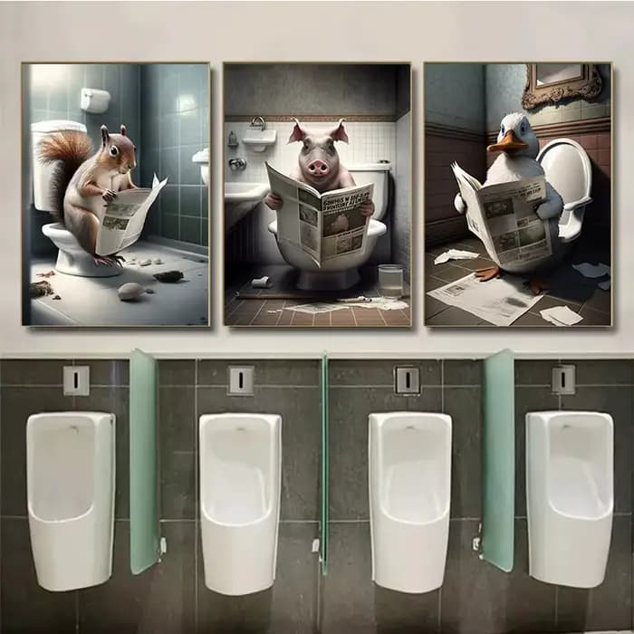Décoration murale amusante pour salle de bain, Animal humoristique, singe, chien, vache assise sur les toilettes, lecture de journaux, affiche d'art imprimée, peinture sur toile