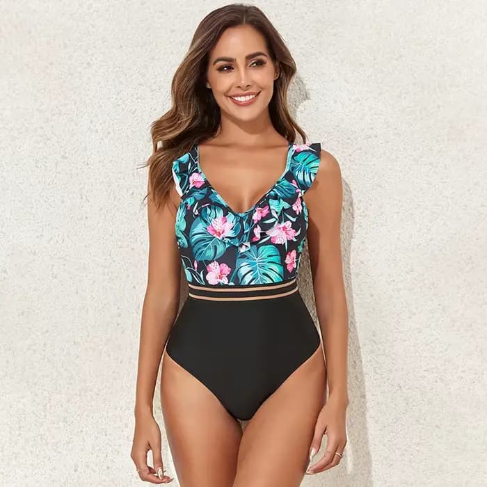 Maillot de bain une pièce imprimé floral, à volants, soutien-gorge rembourré, Monokini, vêtements de plage, nouvelle collection 2024