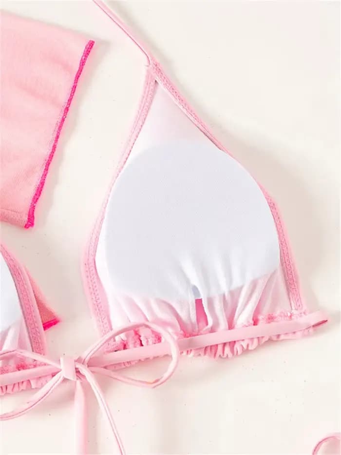 Maillot de bain bikini femme 2026 Nouveau ensemble rose sexy à bretelles avec manches courtes et lettres