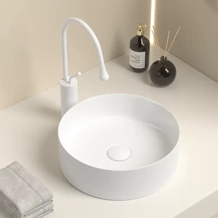 Lavabo de salle de bain moderne en céramique : blanc/gris foncé, finition mate, diamètre 36 cm/14 pouces, adapté à la vanité de salle de bain (sans robinet)