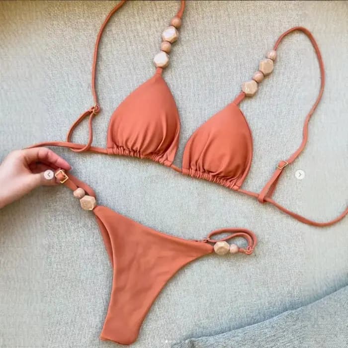 Boho Chic deux pièces ensemble de Bikini avec détails en pierre couleur unie taille haute maillot de bain vacances