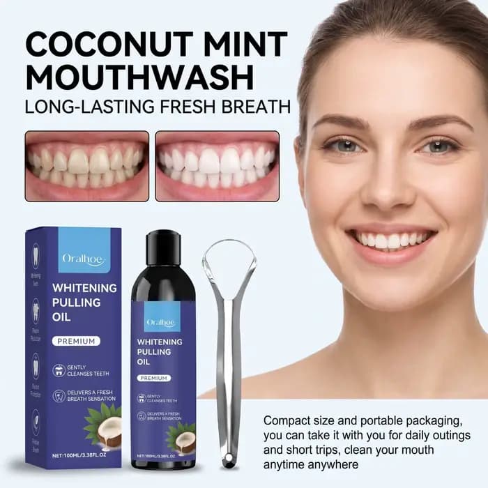 Bain de bouche à l'huile de coco Oralloe pour un nettoyage en profondeur des dents et des gencives, haleine fraîche, avec gratte-langue