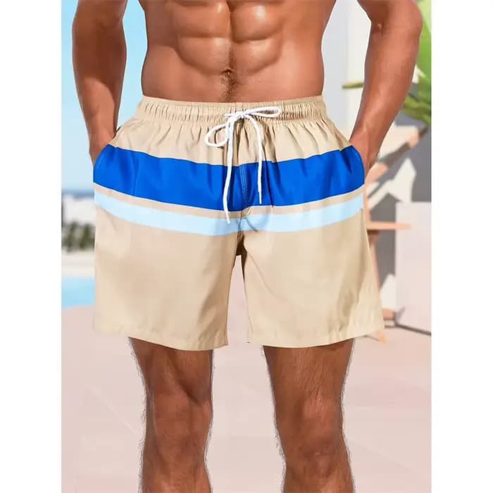 Short de plage à motif de rayures colorées pour hommes, maillot de bain imprimé en 3D, couture colorée, short de planche hawaïen d'été, pantalon court ample