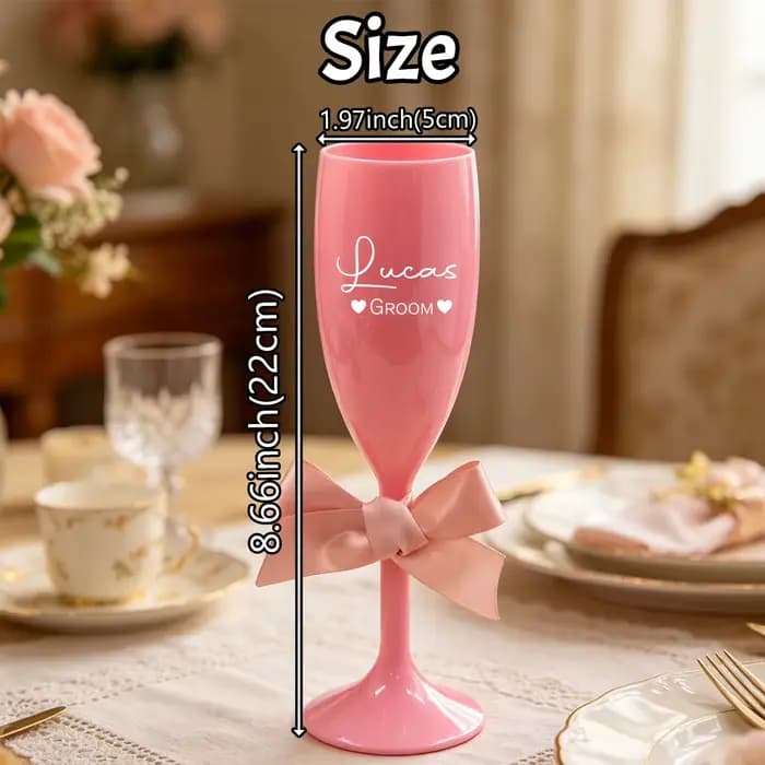 Flûte à champagne personnalisée, verre à champagne incassable personnalisé avec décoration en nœud, décoration élégante pour mariage et vaisselle de fête