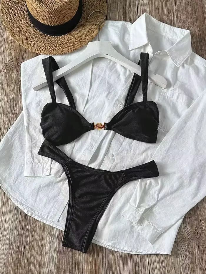 Ensemble de bikini sexy orné de coquillages métalliques 2026 pour femme, rose vif, avec soutien-gorge push-up plissé et string, maillot de bain d'été, micro-maillot de bain