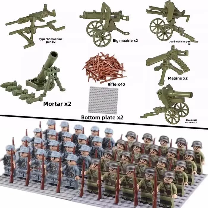 Blocs de construction militaires de la Seconde Guerre mondiale, poupées, figurines, poupées humanoïdes, jouets, armes lourdes, cadeaux d'anniversaire, personnages de dessins animés.