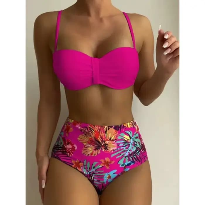 Sexy Bandeau Bikini femmes maillot de bain impression florale taille haute Bikinis ensemble femme été natation maillots de bain brésilien Biquini