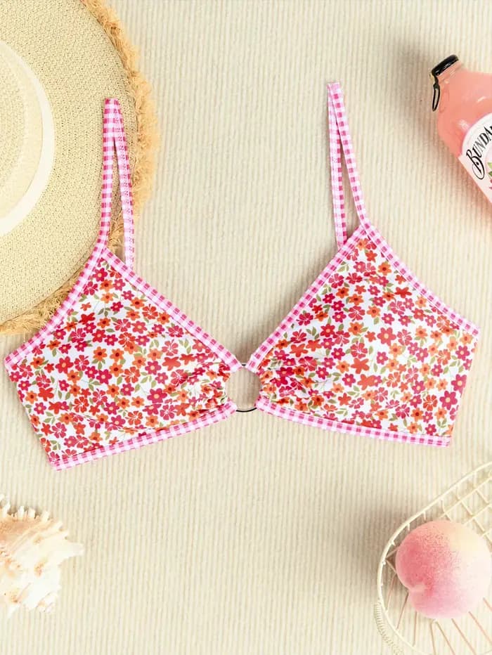 Rose rouge fleur imprimé Bikini ensemble femmes 2025 été nouveau taille haute 2 pièces maillot de bain col en v soutien-gorge Push jarretelle dos nu maillots de bain