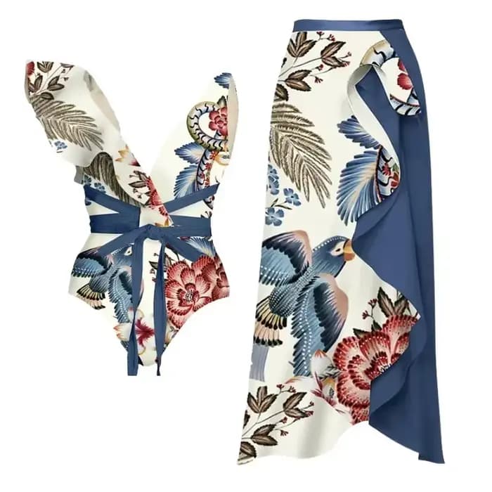 Bikini femme imprimé à volants maillot de bain une épaule Slash boutonnage