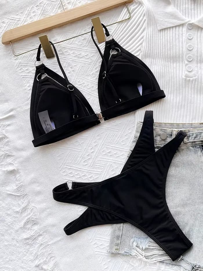 Push Up Bikini Femmes 2026 Sexy Solide Maillot De Bain Noir Deux Pièces Maillot de bain Bretelles Triangle Évider String Bikini Ensemble Maillots De Bain