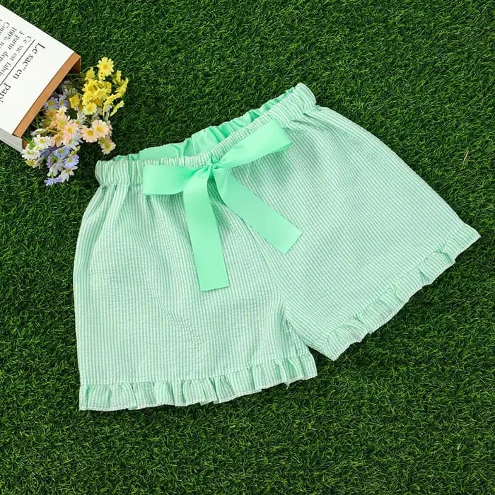 Shorts en seersucker pour femmes, shorts roses rayés, shorts à cordon de serrage avec bordure à volants, vêtements d'été, pantalons courts pour filles
