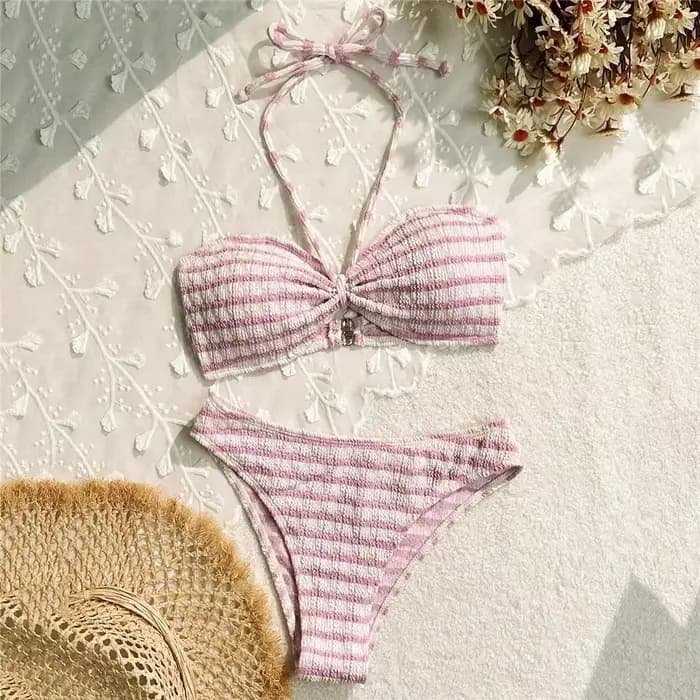 Ensembles de bikinis bandeau à imprimé rayé et à nouer, maillot de bain sexy froncé pour femme, style brésilien, collection 2026