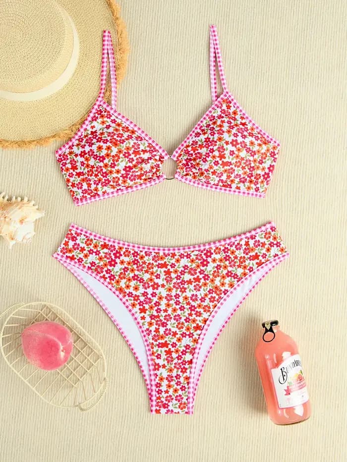 Rose rouge fleur imprimé Bikini ensemble femmes 2025 été nouveau taille haute 2 pièces maillot de bain col en v soutien-gorge Push jarretelle dos nu maillots de bain