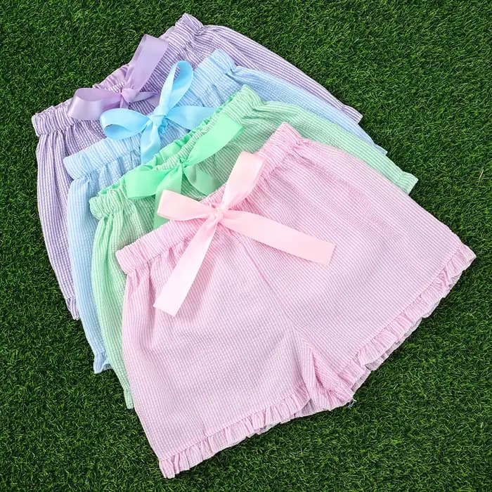Shorts en seersucker pour femmes, shorts roses rayés, shorts à cordon de serrage avec bordure à volants, vêtements d'été, pantalons courts pour filles