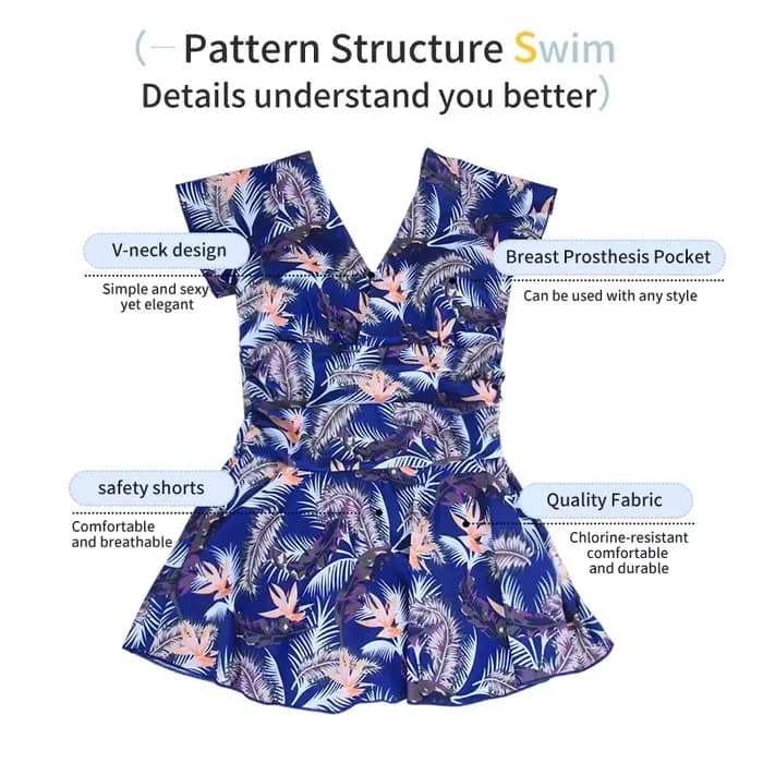 Maillot de bain 2-en-1 LERVANLA pour femme post-mastectomie, col en V, manches courtes, froncé, couvrant, pour la poitrine
