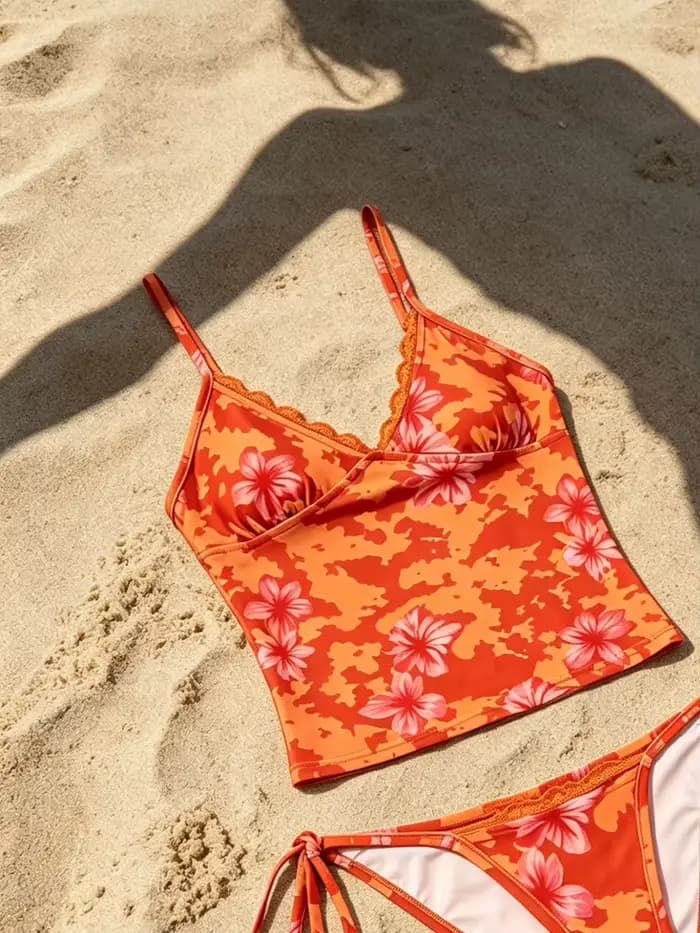 Été Orange Floral Imprimé Tankini Ensemble pour les Femmes