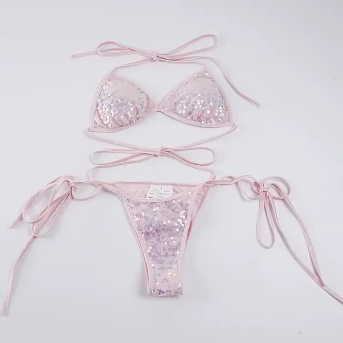 Ensemble de bikini sexy en dentelle rose à lacets pour les vacances à la plage