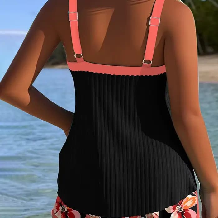 Ensemble de maillot de bain deux pièces conservateur, imprimé, sans manches, avec bas de bikini séparé, en tissu polyester, pour la natation et les activités aquatiques