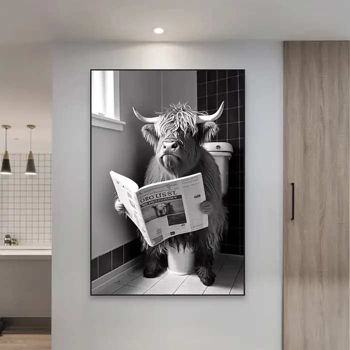 Décoration murale amusante pour salle de bain, Animal humoristique, singe, chien, vache assise sur les toilettes, lecture de journaux, affiche d'art imprimée, peinture sur toile