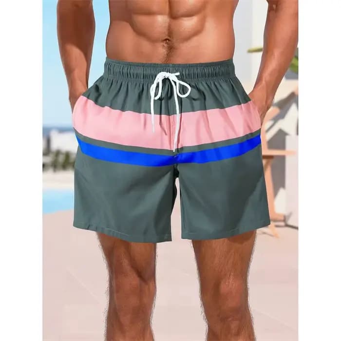 Short de plage à motif de rayures colorées pour hommes, maillot de bain imprimé en 3D, couture colorée, short de planche hawaïen d'été, pantalon court ample
