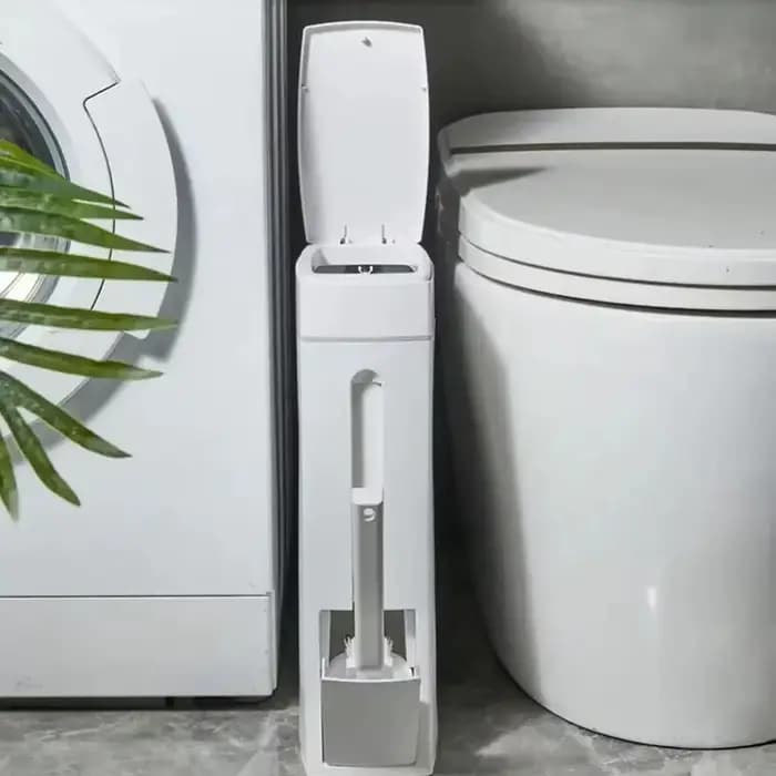 Poubelle de salle de bain domestique avec brosse WC intégrée, poubelle étroite et peu encombrante avec couvercle pour petite salle de bain, accessoire
