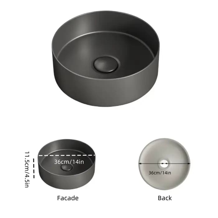 Lavabo de salle de bain moderne en céramique : blanc/gris foncé, finition mate, diamètre 36 cm/14 pouces, adapté à la vanité de salle de bain (sans robinet)