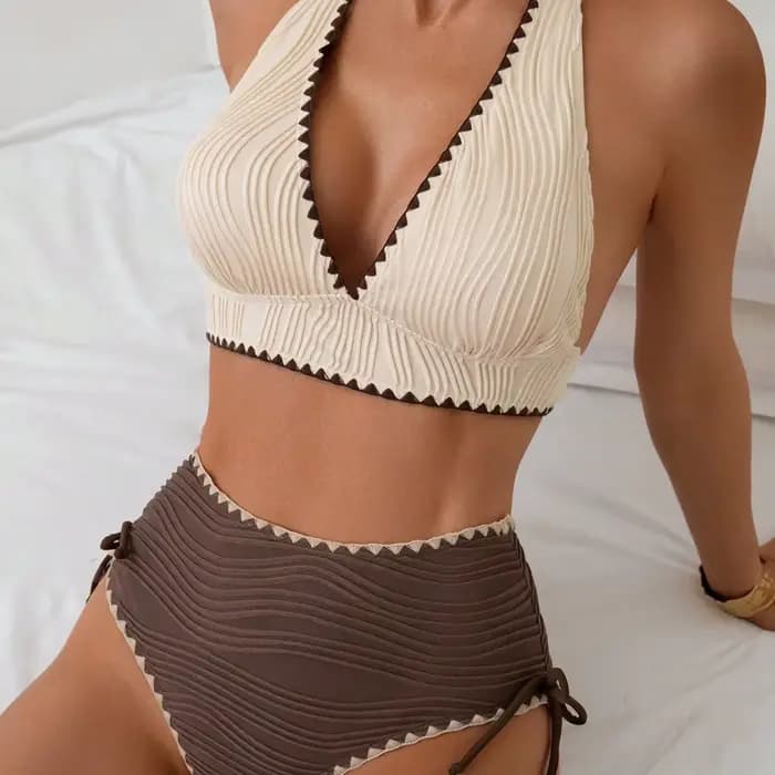 2026 Sexy kaki Patchwork deux pièces Bikini ensemble femmes Push Up cordon côté taille haute maillot de bain vacances