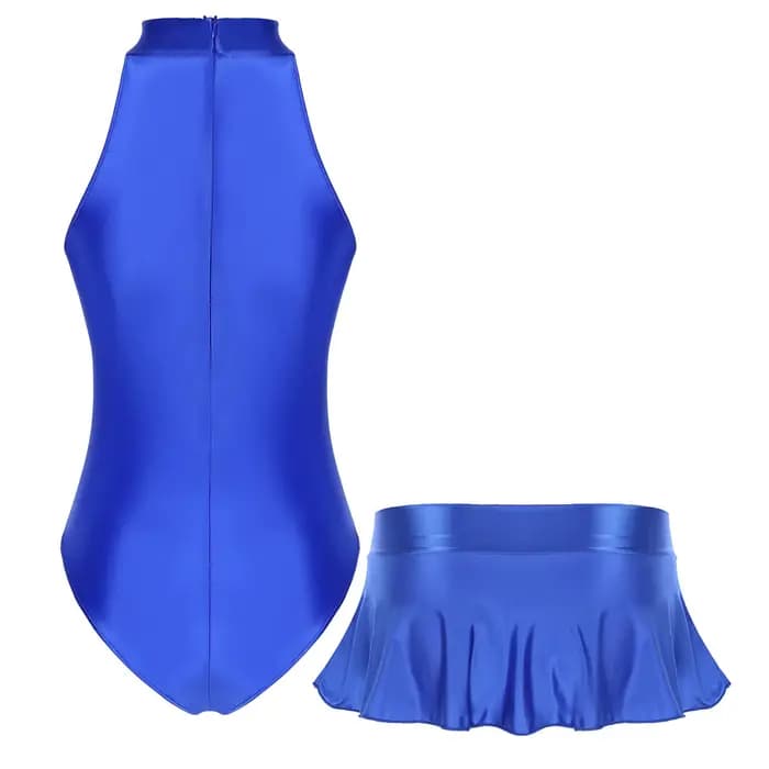 Maillot de bain brillant pour femmes, ensemble élastique, sans manches, coupe haute, justaucorps avec Mini jupe à volants, maillot de bain ar