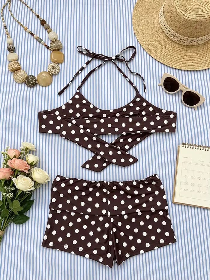 Ensemble de maillot de bain Coquette rétro marron à pois pour femme