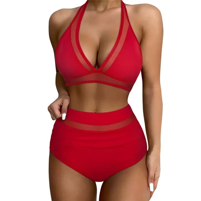 Push Up Bikini rouge licou maillot de bain femmes taille haute maillots