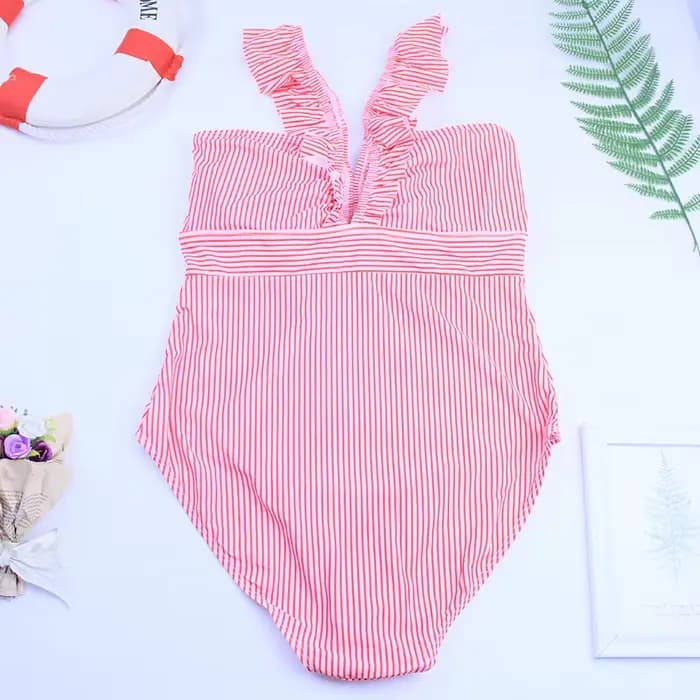Rouge à volants une pièce maillot de bain col en V profond maillots