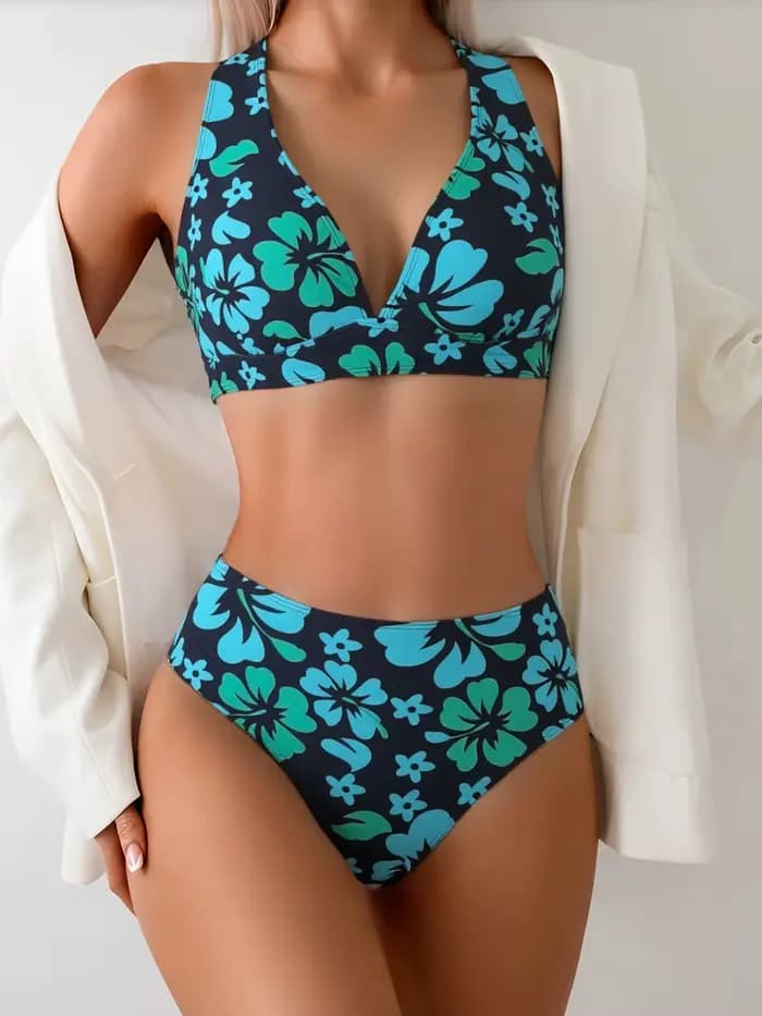 Bikini vintage noir à imprimé turquoise et hibiscus