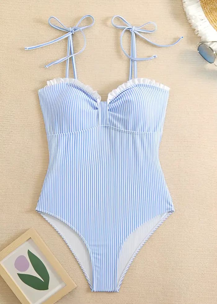 Maillot de bain une pièce sexy à bretelles rayé et à volants pour femme 2026 – Tenue de plage