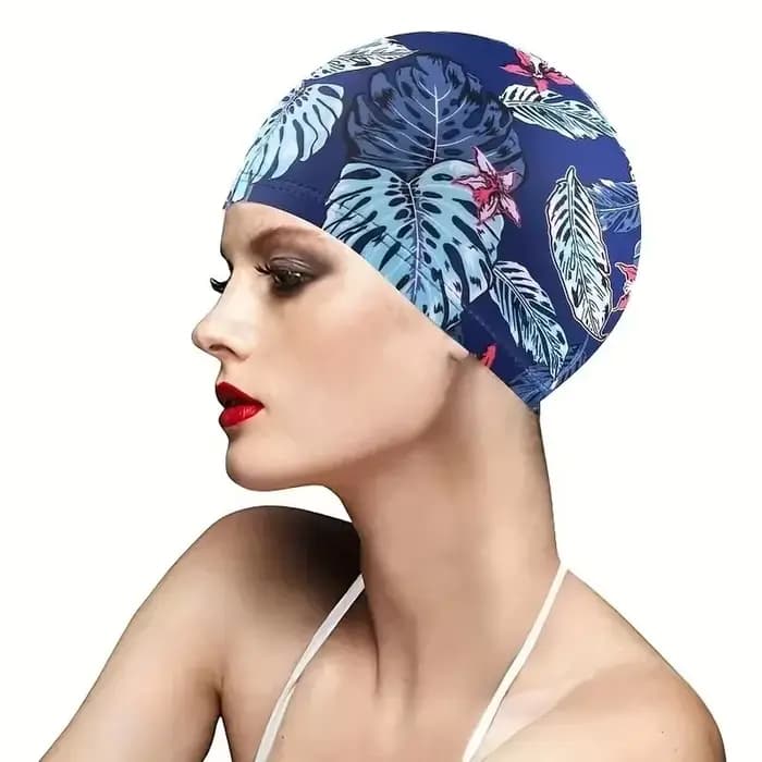 DIZETION Bonnet de bain avec protection auditive et motif antidérapant imprimé feuilles pour adultes pour la piscine