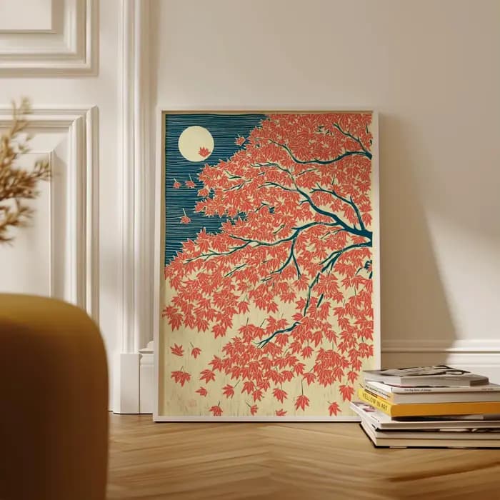 Affiche d'automne en érable japonais, art mural rouge et bleu, illustration de paysage au clair de lune, impression élégante, décoration naturelle pour la maison, art vintage japonais